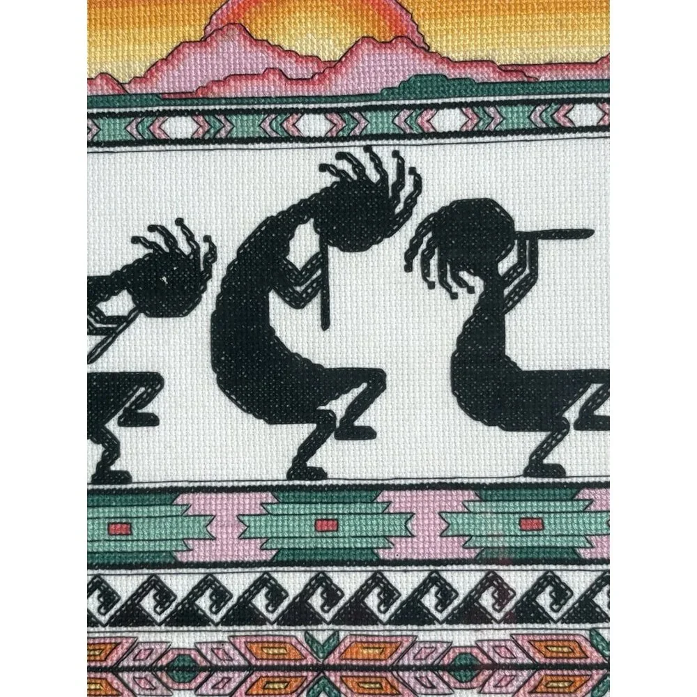 KOKOPELLI BORDER SAMPLER Counted Cross Stitch  Completed Framed Sunset 19”x 14” - Picture 2 of 7